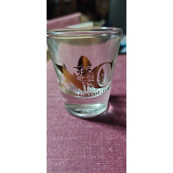 North Carolina Souvenir Shot Glass Gold Lettering Pine Trees Vintage Barware - Picture 1 of 1